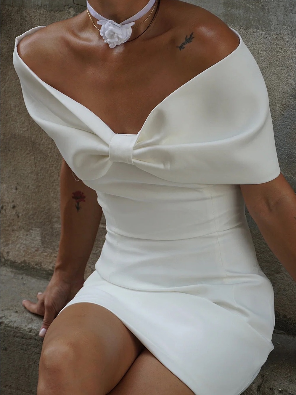 Meshki Gwyneth White Off Shoulder Bow Mini Dress